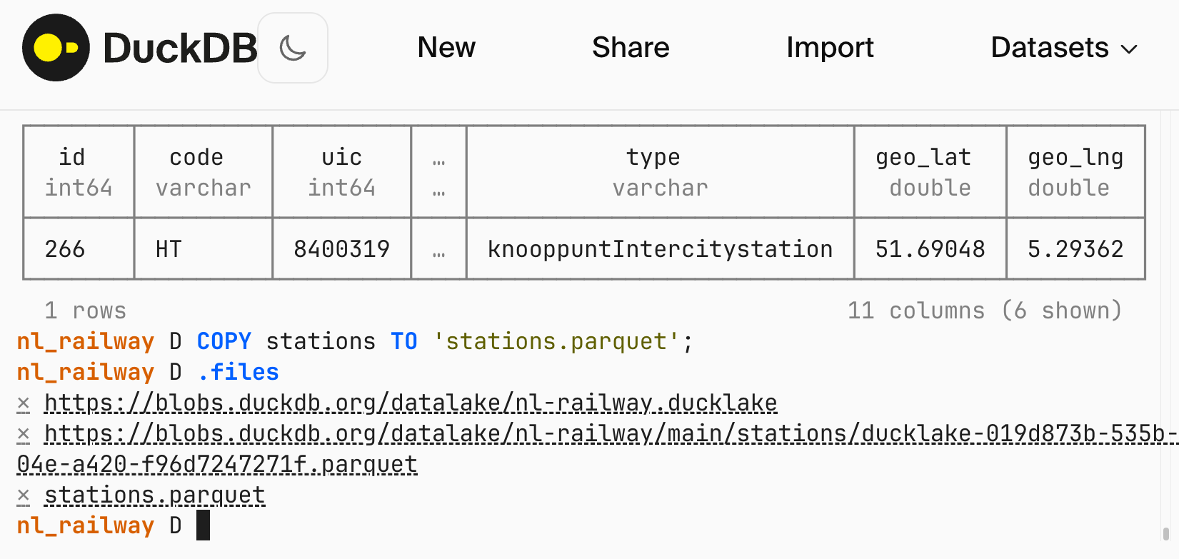 Example use of the new online shell at shell.duckdb.org